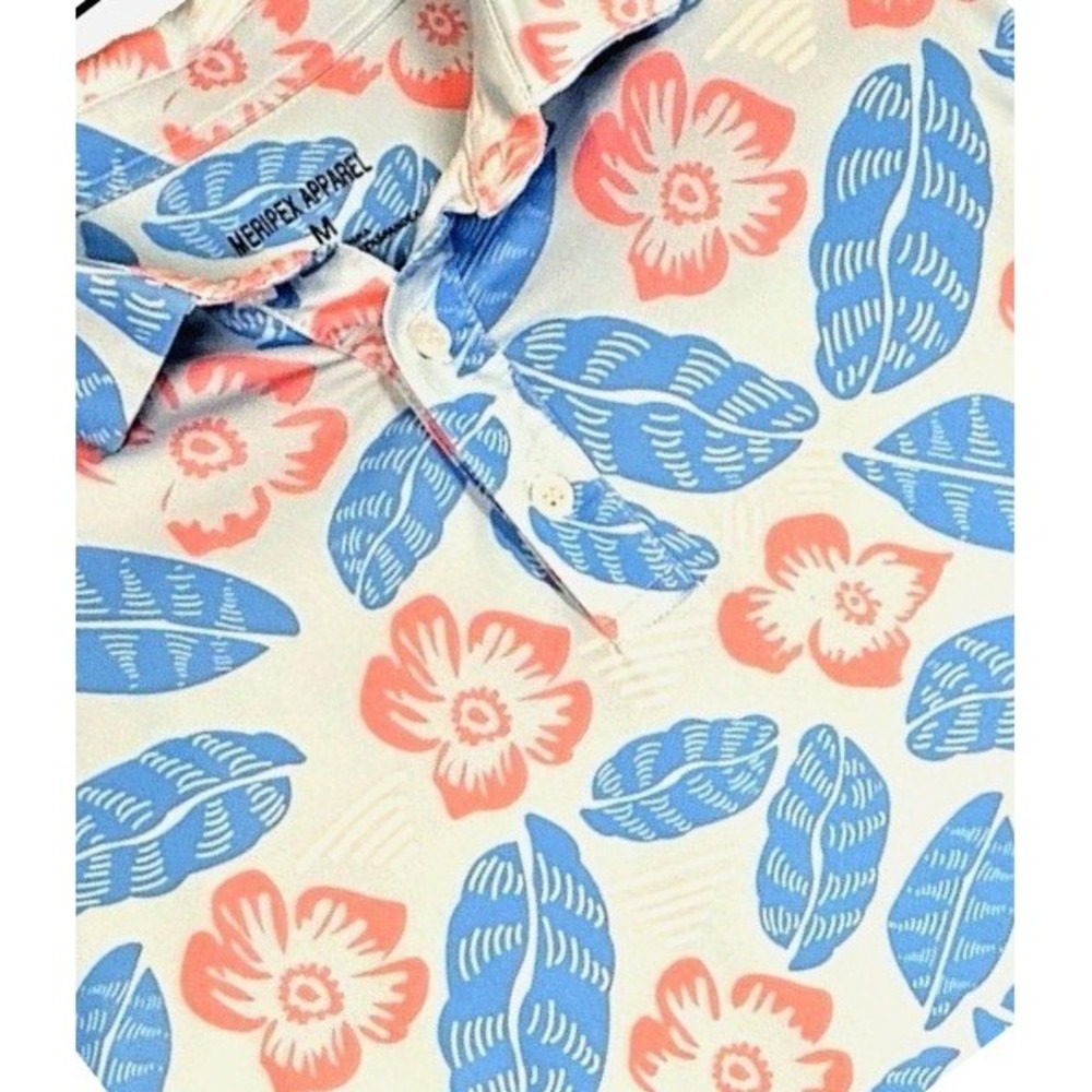 Merirx Apparel Polo Shirt Men Medium Blue Coral Floral Hibiscus Golf Sports